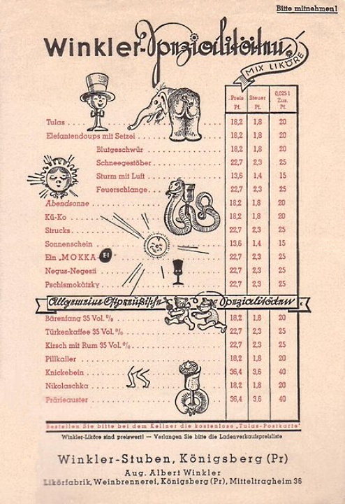 Liköre und Spirituosen der Winkler-Stuben in Königsberg (Pr)